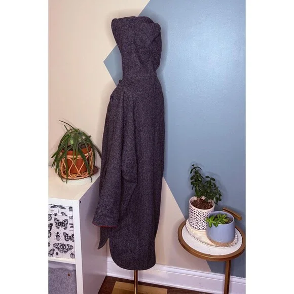 Vintage 90s Wool Hooded Swing Coat Cocoon Dolman Herringbone Small - Picture 4 of 14